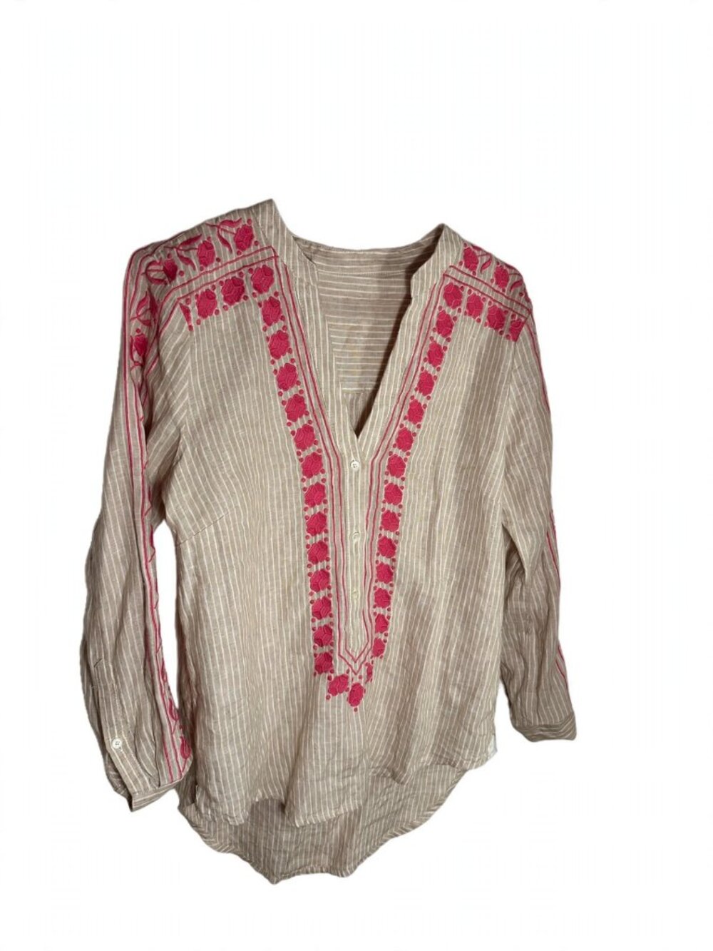 J.Crew Linen Embroidered Tunic, Tan Stripe Pink Floral, XS